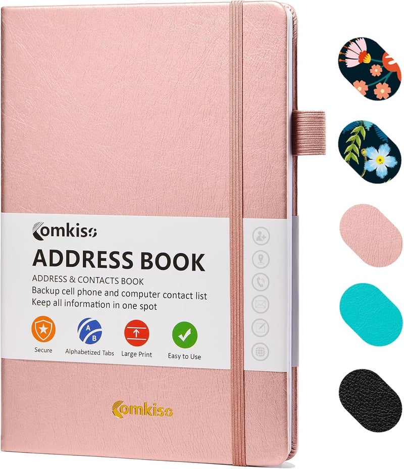 COMKISO Store Address Book with Individual Alphabetical Tabs Laminated, Large Print Address Book with 468 Wide Lining Entry Spaces, Change of Address Labels, Hardcover Address Book 5.7 x 8.5" - Rose Gold - Image 1
